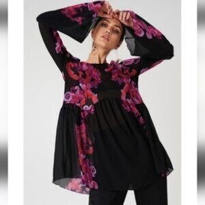 Free People Printed Symphony Slip Dress Black Pink Floral Small Tunic